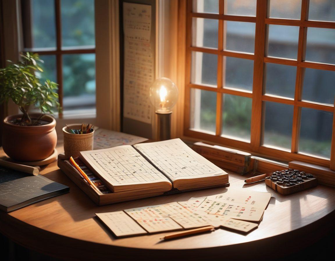A beautifully designed workspace featuring a wooden table with an open Sudoku puzzle book, a pencil, and an eraser. In the background, a chalkboard displaying advanced Sudoku techniques and strategies, embellished with colorful diagrams and notes. An inspiring light from a window illuminates the scene, hinting at a personal growth journey. The image conveys a sense of transformation from beginner to expert. super-realistic. warm tones. soft lighting.