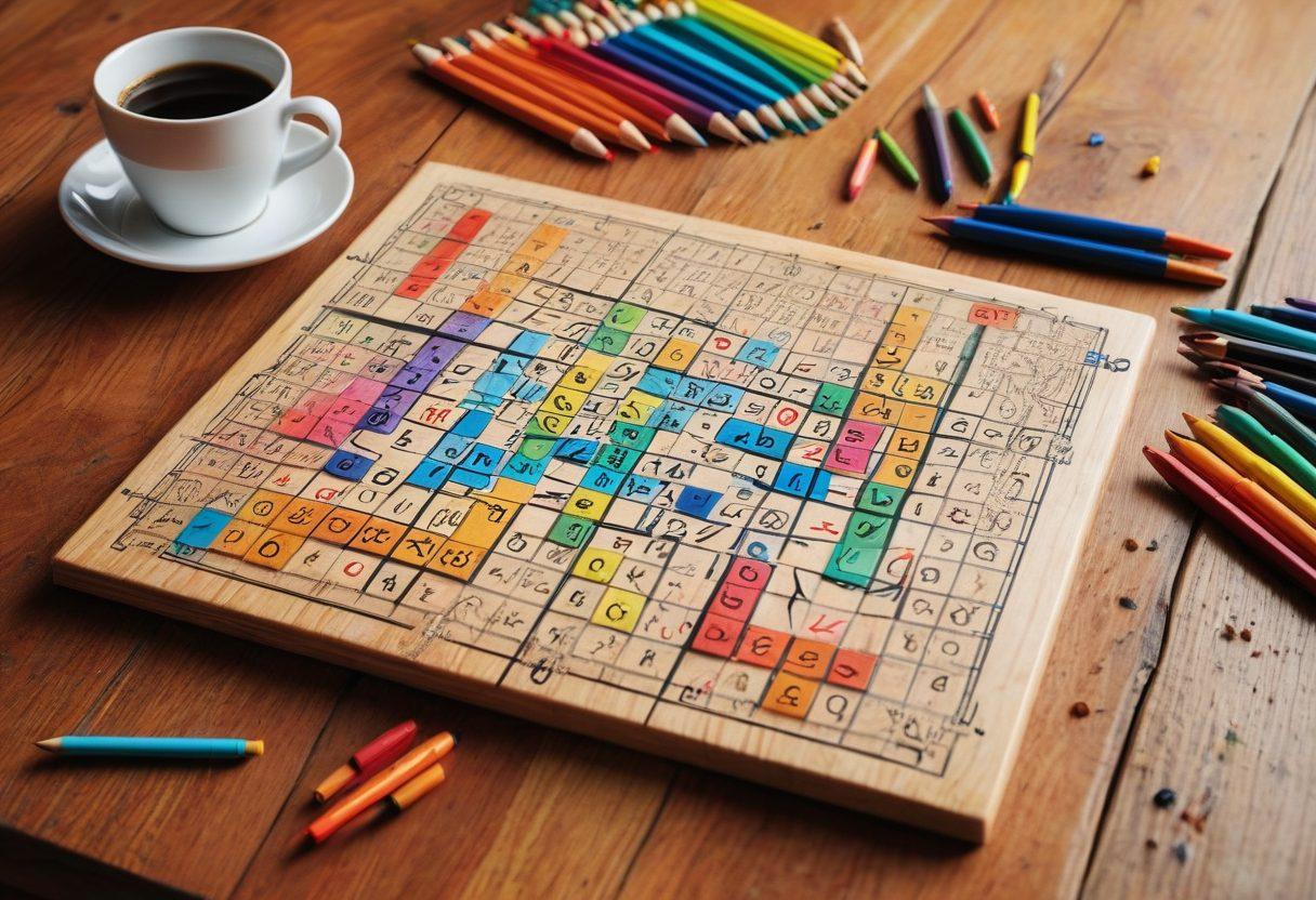 A close-up of a filled Sudoku puzzle with some clues highlighted, surrounded by various colorful writing utensils like markers and pencils. Include a coffee cup steaming in the background for a cozy study vibe, and faint mathematical symbols floating around to signify logic and problem-solving. Set against a light wooden table texture. vibrant colors. super-realistic.