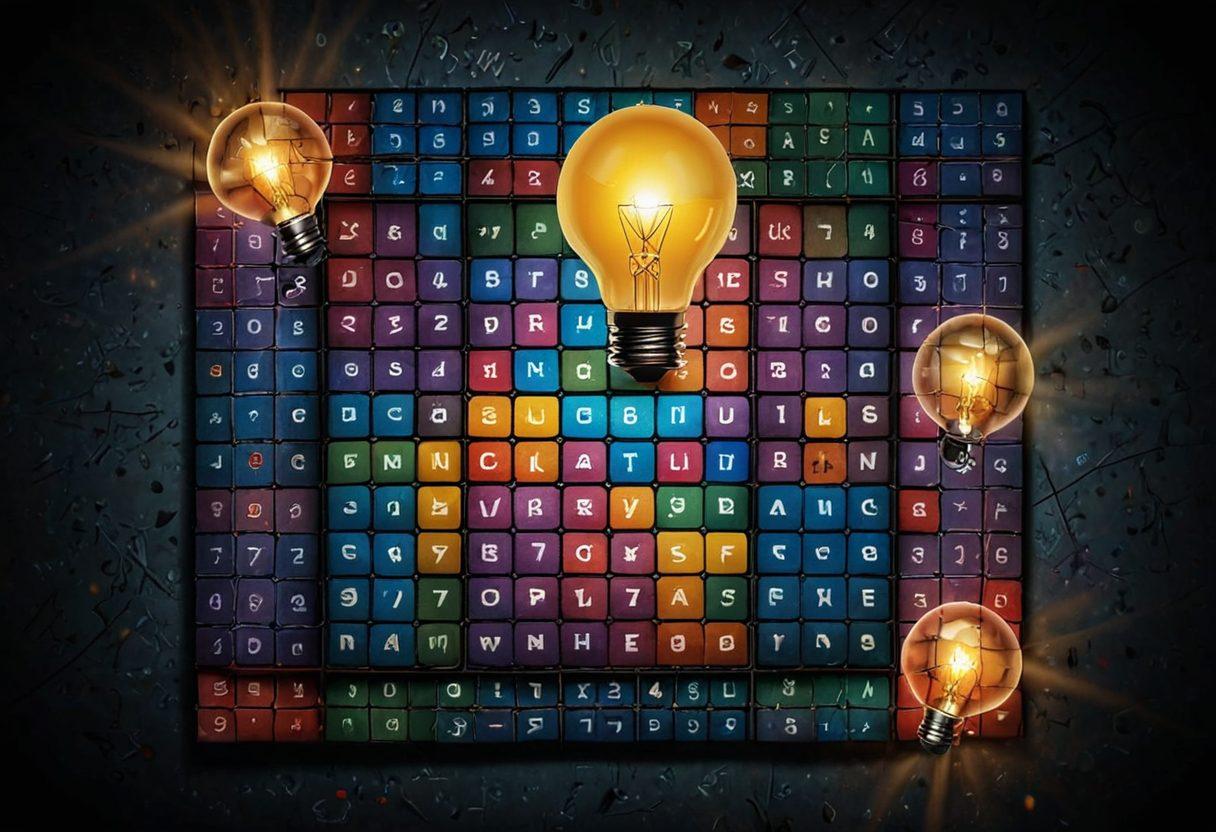 A mesmerizing collage of vibrant Sudoku grids in varying levels of complexity, with colorful puzzle pieces floating around them, symbolizing strategies and tips. Incorporate elements like a lightbulb for 'ideas' and a magnifying glass for 'discovery', all set against a dynamic, abstract background that radiates inspiration. super-realistic. vibrant colors. 3D.